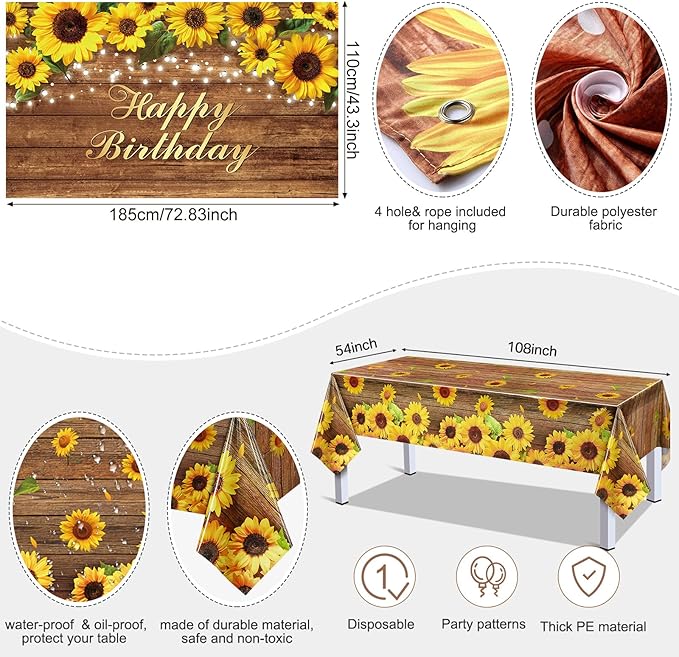 Tiamon 52 Pcs Sunflower Birthday Party Decorations - 50 Gold Yellow Balloons Arch Garlands Kit, 1 Happy Birthday Backdrop Banner, 1 Sunflower Plastic Tablecloths for Wedding Baby Shower Party Supplies