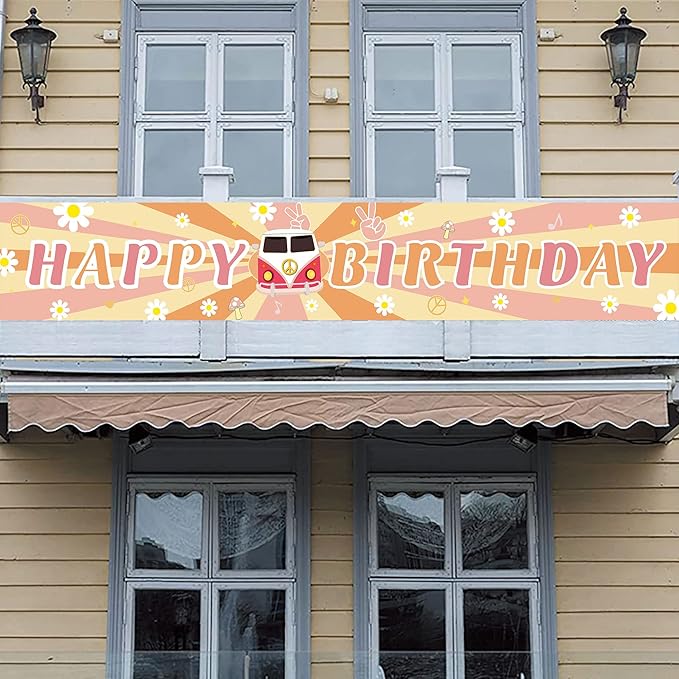 Groovy Happy Birthday Long Banner with 118X19.7 inch,Retro Hippie Boho Girl Birthday Party Decorations,Daisy Flower Photography Backdrop Groovy Party Supplies for Happy Birthday Baby Shower