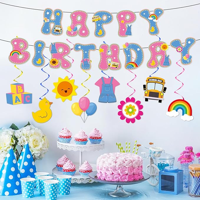 Cartoon Girls Hanging Swirl Banner English Teacher Birthday Party Decorations English Teachers Parties Ceiling Decor Cartoon Teachers Fans Hanging Streamer for Kids Birthday Classroom Party Supplies