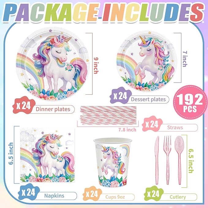 192pcs Unicorn Plates Napkins Unicorn Birthday Party Supplies Disposable Paper Cups Straw Tableware Set Pink Knives Forks Spoons Girls Birthday Party Decorations 24 Guests