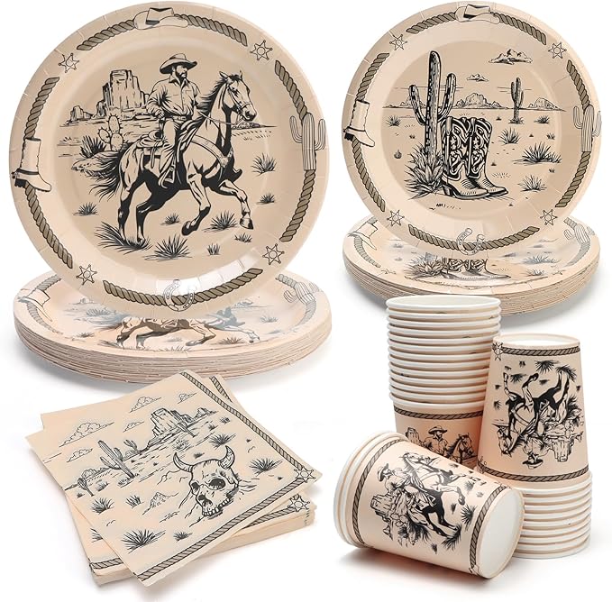 96Pcs Western Cowboy Disposable Tableware Set Cowboy Ranch Bachelorette 7"&9" Plates and Napkins and Cups for 24 Guest Kid Birthday Picnic Party Table Supplies Decorations