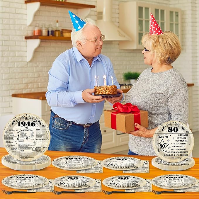 CHUNNIN 96Pcs 80th Birthday Plates and Napkins Back in 1946 Party Decorations Vintage 80 Year Old Party Dessert Plates 1946 Birthday Tableware for 24 Guests 80th Theme Men Woman Bday Parties Supplies