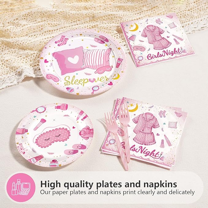 96Pcs Sleepover Party Supplies for Girls Pink Pajama Pillow Fight Plates and Napkins Disposable Slumber Spa Makeup Tableware Set for Girls Ladies Night Birthday Bachelorette Party Decorations Serves24