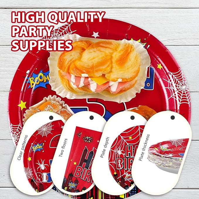 96Pcs Spider 3rd Birthday Decorations for Boys Super Theme Hero 3rd Birthday Plates and Napkins Blue Red Spider Three Year Old Decoration Favors for Kids 3 Year Old Party Supplies Serves 24
