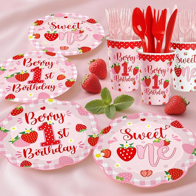 212ps Berry First Birthday Decor Strawberry 1st Birthday Paper Plates Cups Napkins Tablecloth Forks Tableware Berry 1st Bday Party Supplies Sweet One Girls Strawberry Baby Shower Decorations Serve 30