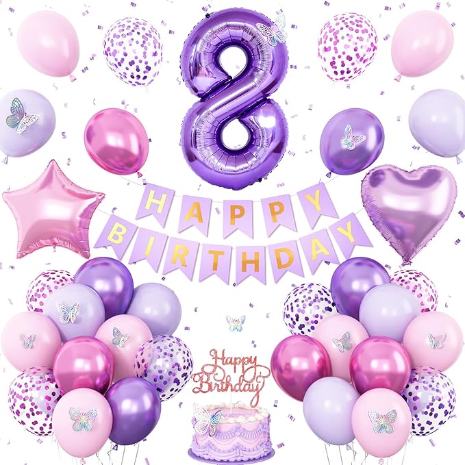 8th Birthday Decorations for Girl,Pink Purple 8th Butterfly Decoration Birthday Balloons Pink Purple Banner Number 8 Balloons Cake Topper Butterfly Party Supplies for Girls
