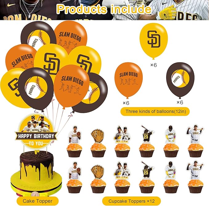 Baseball Team San-Diego Party Decorations,Birthday Party Supplies For Baseball Team San-Diego Party Supplies Includes Banner - Cake Topper - 12 Cupcake Toppers - 18 Balloons