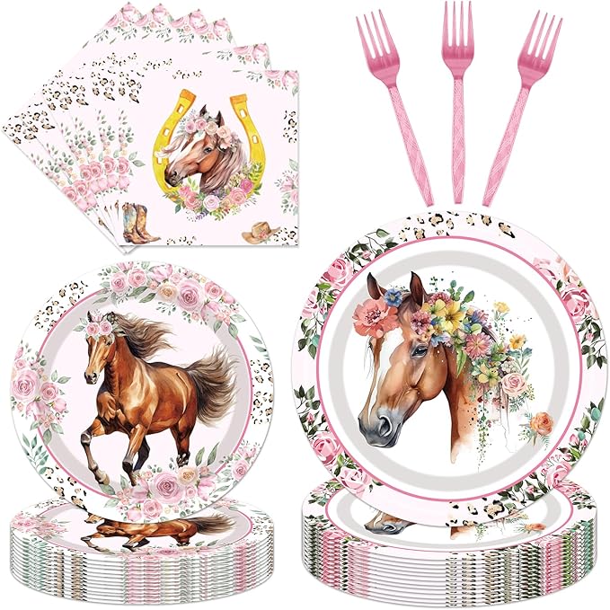 Horse Birthday Party Supplies Tableware - 96 Pcs Cowgirl Birthday Party Decorations, Horse Themed Party Paper Plates and Napkins Sets with Forks, Western Baby Shower Disposable Dinnerware, Serves 24