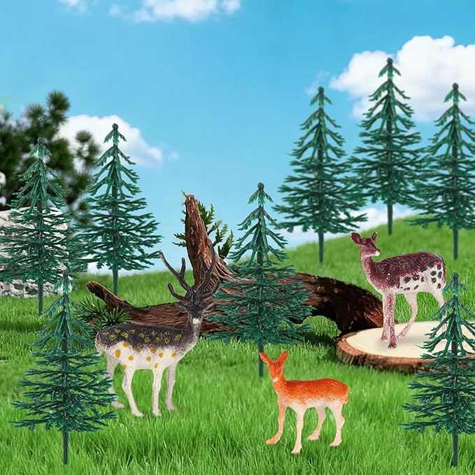 Hooqict 15Pcs Deer Christmas Tree Cake Topper with Tree Deer Figurines Hunting Cake Decorations for Winter Forest Woodland Birthday Party Supplies Animals Christmas Decorations