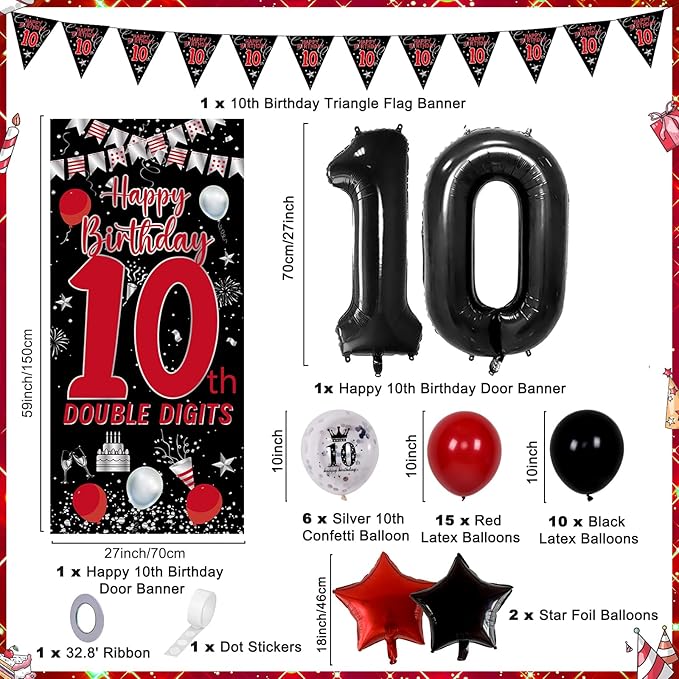 10th Birthday Decorations for Boys Girls, Double Digits Boy Red Black Happy 10th Birthday Decorations, 10 Year Old Birthday Door Banner Sign, Triangle Flag, Large 10 Balloons Decor Tenth Bday Party