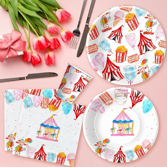 Circus Theme Party Decorations Tableware, Carnival Party Supplies, Plate, Cup, Napkin, Tablecloth, Cutlery, Straw, Circus Carnival Theme Party Decorations For Birthday Baby Shower | Serve 24