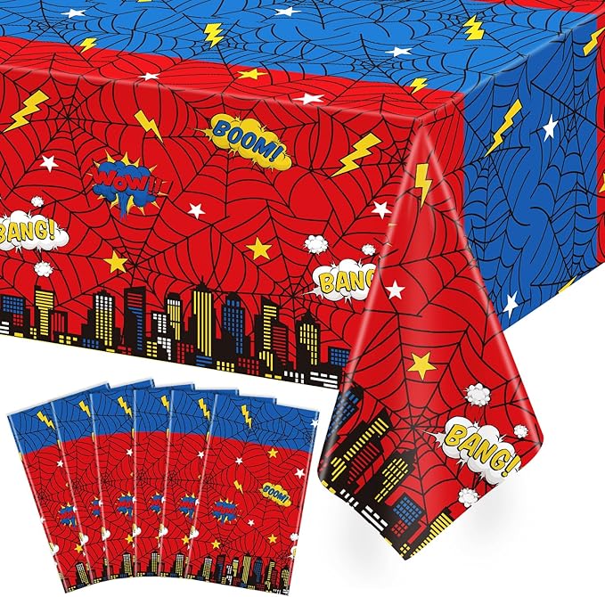 6PCS Spider Web Themed Birthday Party Tablecloths Red Blue Cartoon Plastic Table Cover City Web Theme Table Cloth for Baby Shower Kids Boys Birthday Party Supplies 86X51inches