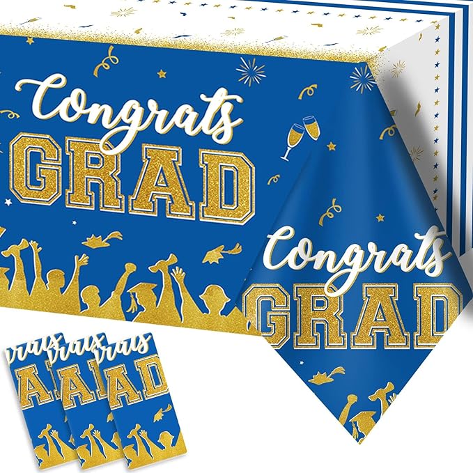 chiazllta Set of 3 Graduation Tablecloths Class of 2025 Congrats Grad Blue Graduation Party Tablecover Decorations Party Supplies Large Size Plastic 54"x108"(Blue & Gold)