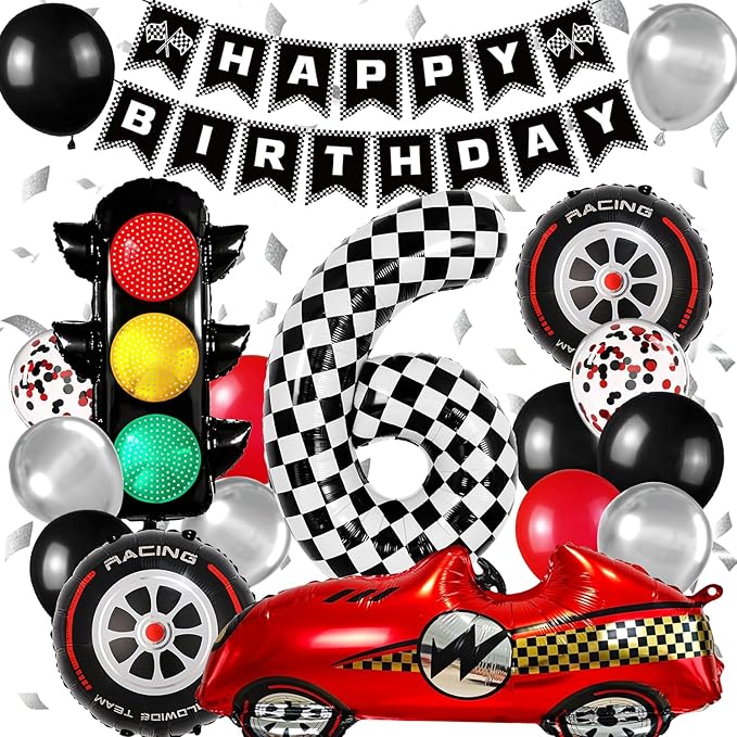 Race Car Birthday Party Decorations, with 40 Inch Number 6 Balloon, Happy Birthday Banner, Traffic Light and Foil Tire Balloon for 6th Car Themed Birthday Party Supplies