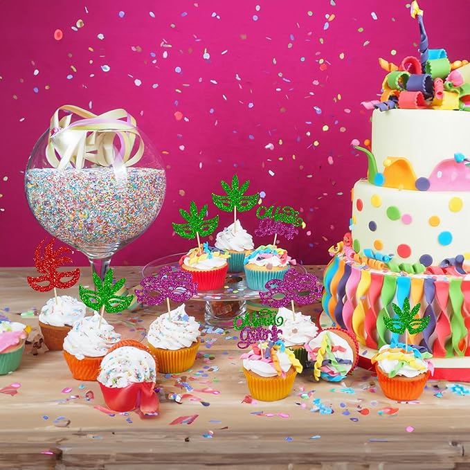 Gyufise 24Pcs Mardi Gras Cupcake Toppers Glitter Masquerade Masks Cupcake Pick Decorations Mardi Gras Party Baby Shower Birthday Cake Decorations Party Supplies Colorful 1
