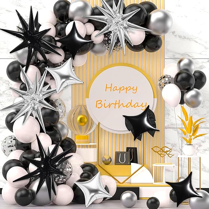 TONIFUL 18Pcs 22Inch Black Silver Large Explosion Star Mylar Balloons and 10Inch Four Pointed Star Balloons Set for Christmas New Year Birthday Wedding Bridal Shower Anniversary Photo Booth Supplies