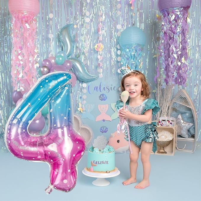 Purple Teal Number 4 Balloons, 40 In Large Mermaid Starry Number 4 Mylar Foil Helium Balloons for Girls, Self Inflating Rainbow Number Four Balloon for Women 4th Birthday Anniversary Party Decoration