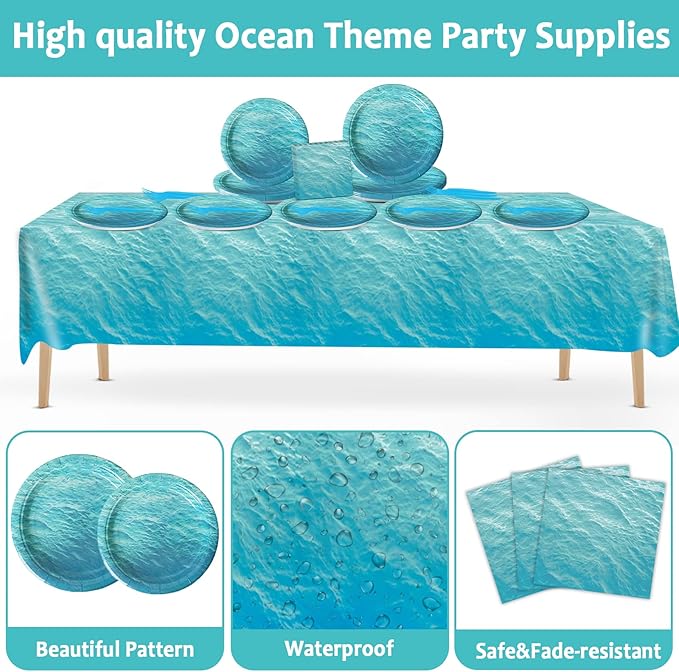 gisgfim 98 Pcs Ocean Sea Party Supplies Ocean Waves Party Plates Ocean Sea Party Tablecloth Ocean Theme Party Decorations for Adults Ocean Sea Tableware Paper Forks Napkins Plates for 24 Guests