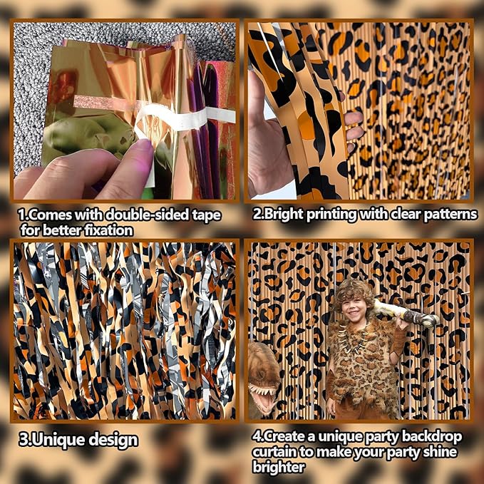 Cheetah Print Foil Fringe Curtains Birthday Decorations, 2 Pack 3.28 x 6.56 Ft Leopard Print Fringe Backdrop Cheetah Photo Booth Props Animal Birthday Party Decorations Favor Supplies