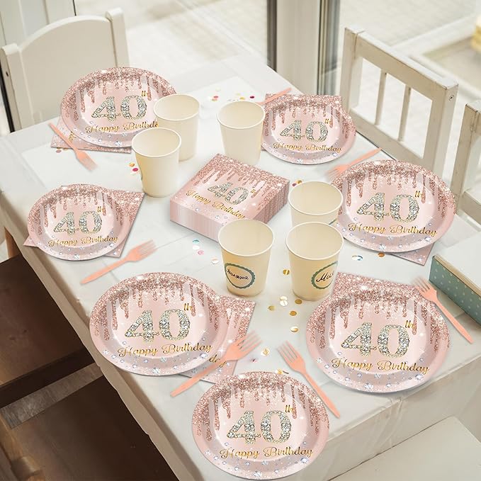 96PCS Rose Gold 40th Birthday Party Paper Plates and Napkins Forty Years Old Table Decorations 40th Birthday Disposable Dessert Tableware Set Serves 24 Guests Girl Ladies Women Party Supplies Favors