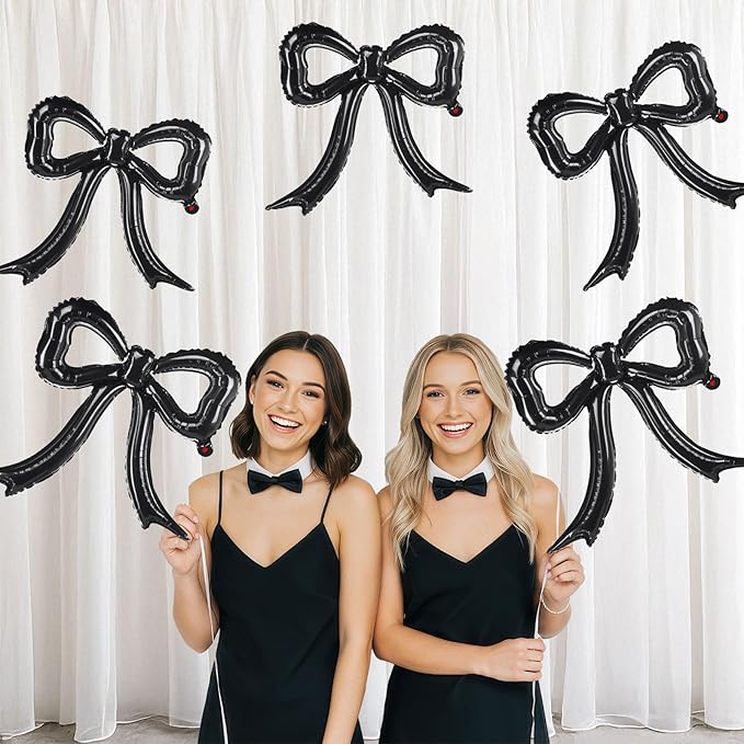 5 Pcs Black Bow Balloons Bow Party Decorations for Girl Women Black Bow Birthday Decorations Giant Foil Balloon for Baby Shower Bridal Engagement Wedding Decor Bachelorette Party Supplies