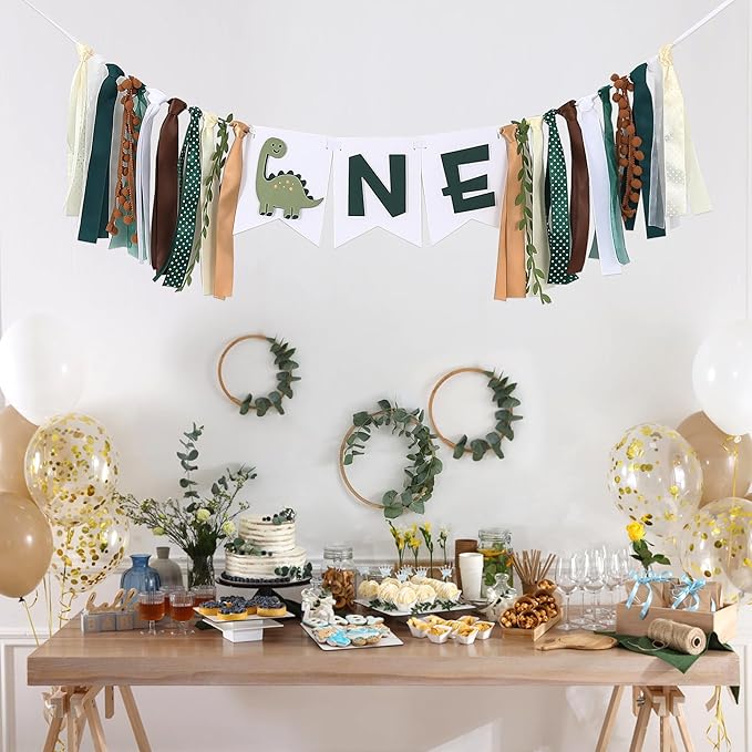 Dinosaur 1st Birthday High Chair Banner - Baby Boy First Highchair Banner for Party Supplies, Dinosaur Themed One High Chair Garland Birthday Party Decorations, Cake Smash Photo Props