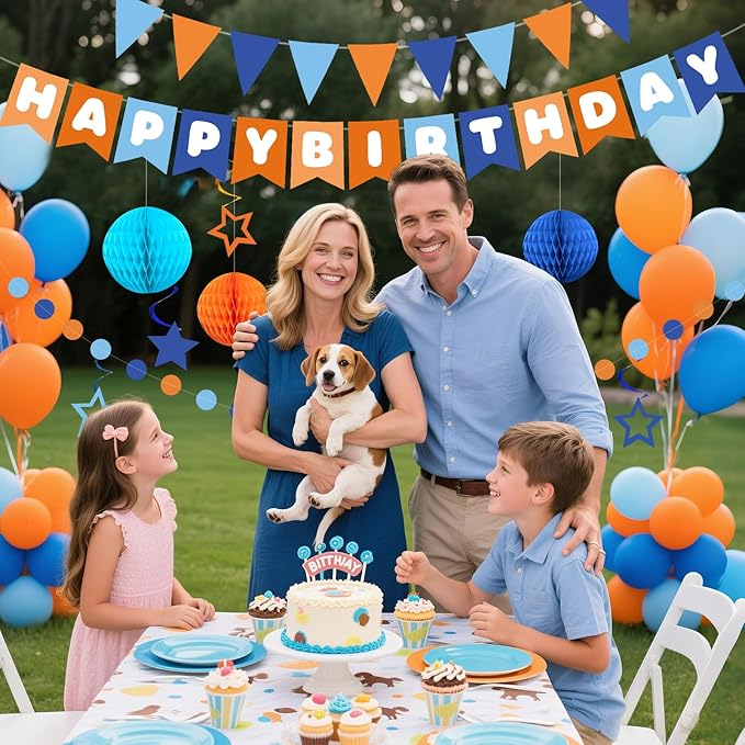 Happy Birthday Decorations for Boys, Blue and Orange Birthday Banner with Honeycomb Balls, Stars Hanging Swirl Streamers, Circle Dots Garland for Birthdays Party Supplies