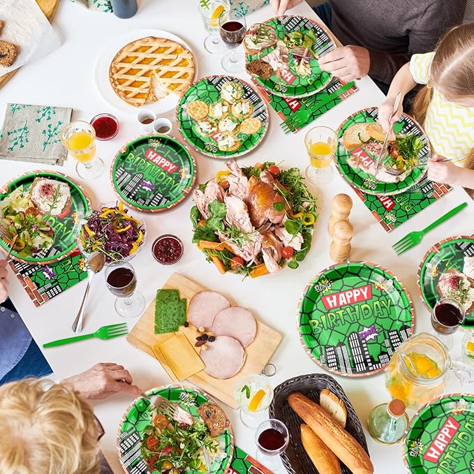 96 Pcs Cartoon Turtle Theme Birthday Decorations Include Turtle Plates,Napkins and forks for Super Turtle Birthday Party Supplies Serve 24 Guests.