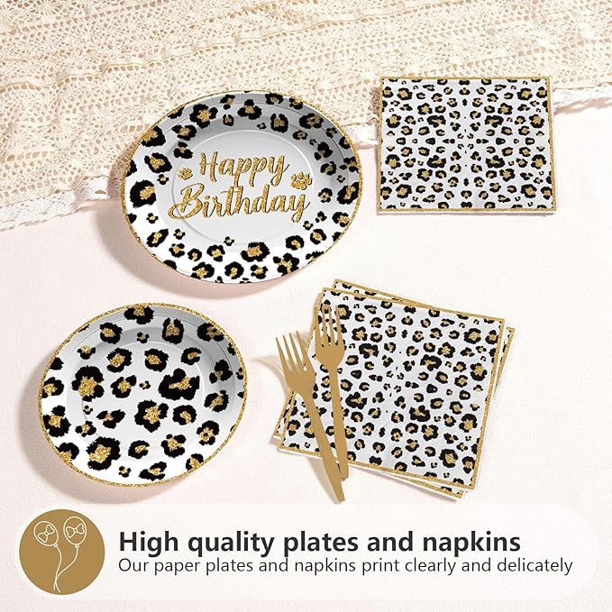 Grencian 96 Pcs Cheetah Print Birthday Decorations White Leopard Plates and Napkins Leopard Print Party Supplies Safari Themed Paper Plates for Jungle Safari Cheetah Theme Party Baby Shower Serves 24