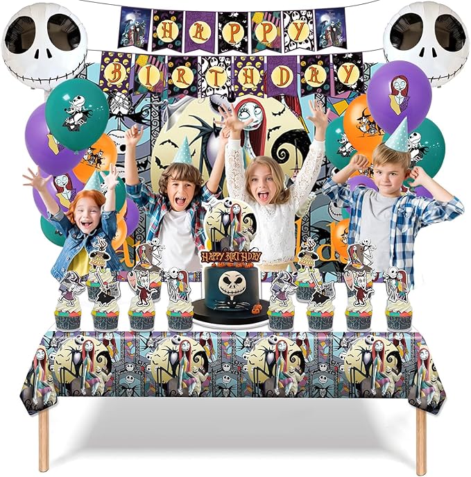Birthday Decorations, Nightmare Christmas Party Supplies Halloween Birthday Party Decorations Set Includes Banner Balloons Tablecloth Backdrop Hanging Swirls Cake Toppers