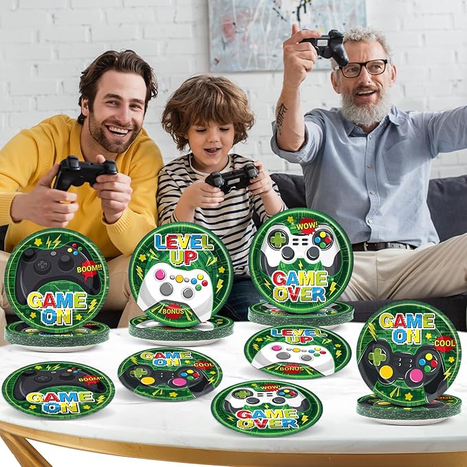48PCS Video Game Party Paper Plates for Video Game Birthday Themed Party Supplies 7" Boys Gamer kids Disposable Plates Green Gaming Controller Dessert Level Up Plate for Baby Shower Favors Decorations