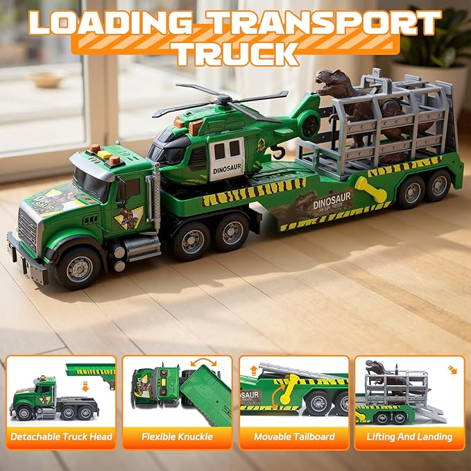 Carrier Dino Truck Kids Toys,21" Semi Truck Toy with Helicopter & Dinosaur Toy with Lights & Sounds,Large Friction Powered Vehicles for Toddlers Age 3 4 5 6 7,Christma Birthday Gifts for Boys Girls