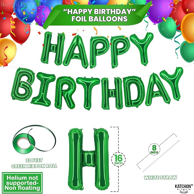 KatchOn, Green Happy Birthday Balloons Banner 16 Inch Mylar Foil Letters Birthday Sign Banner Bunting Reusable for Girls Boys Kids & Adults Birthday Decorations and Graduation Party Supplies