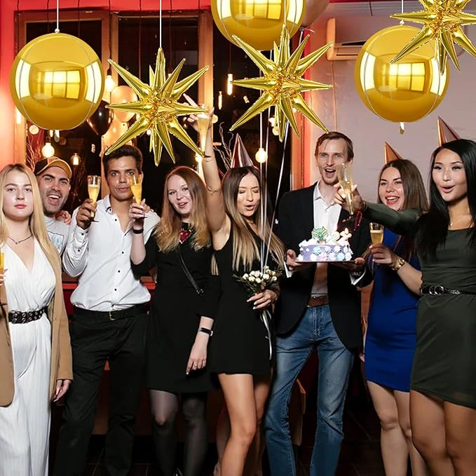 TONIFUL 8 Pcs 22Inch Gold Large 4D Giant Round and Star Balloons Explosion Star Mylar Balloons Set for Backdrop Christmas New Year Birthday Wedding Bridal Shower Anniversary Photo Booth Supplies