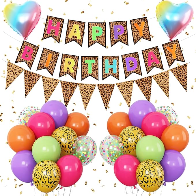 Leopard Print Happy Birthday Decorations, Gold Cheetah Print Animal Balloons Rainbow Heart Balloon with Birthday Banner for Safari Wild Birthday Baby Shower Jungle Zoo Theme Party Supplies