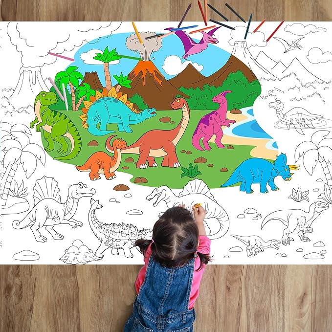 Dinosaur Giant Coloring Poster for Kids Large Coloring Tablecloth Drawing Roll Paper Books Sheets Page Huge Table Cover Art Crafts for Wall Classroom Home Gift Birthday Party Supplies Decoration