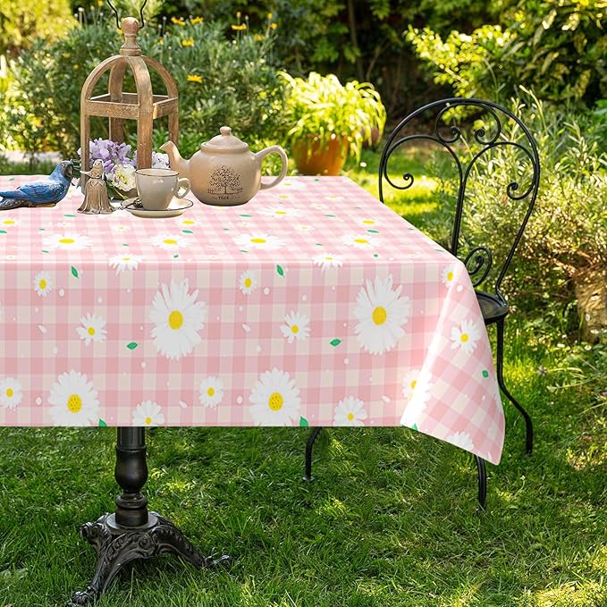 3pcs Daisy Plastic Tablecloth, 54x108 inch Spring Daisy Theme Table Cover, Pink Plaid Flower Tablecloth for Spring Floral Party, Baby Shower, Daisy Birthday Party Decorations