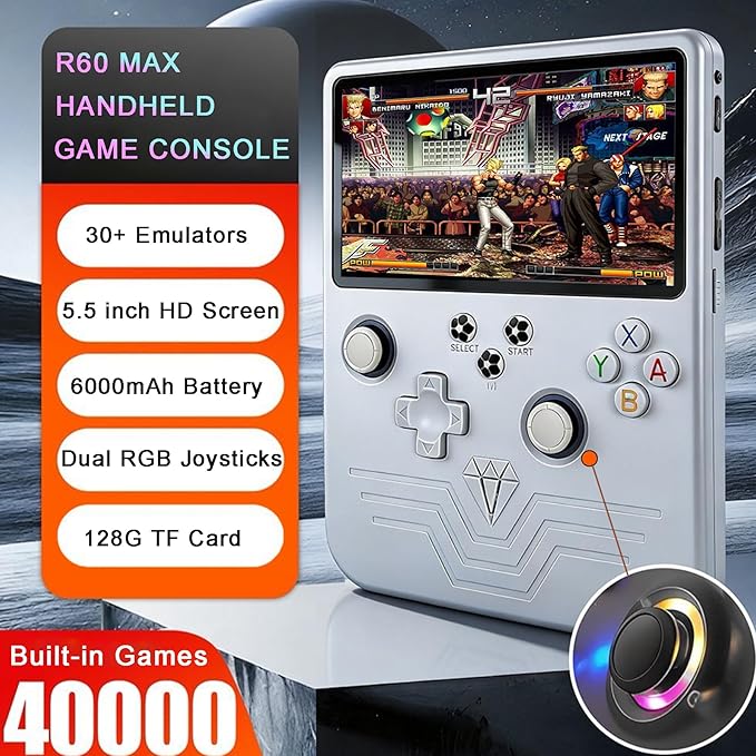 RegiisJoy R60 MAX 40000 in 1 Handheld Game Console, 5.5 Inch IPS Screen Retro Gaming Consoles Main Emulators, Portable Mini Pocket Arcade 6000mAh Battery,128G TF Card,RGB Joysticks White