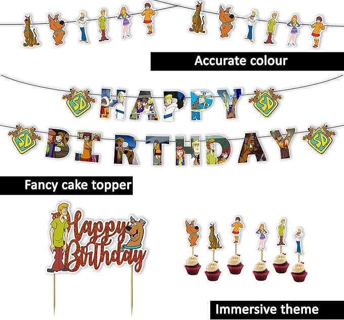 Scoby Do Theme Birthday Party Supplies – Complete Decoration Set with Banner, Cake Topper, Cupcake Toppers, and Table Decor – Mystery Dog Cartoon Party Kit for Boys and Girls