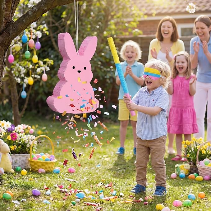 Easter Bunny Piñata with Blindfold, Bat and Filler, Funny Cute Bunny Party Favors for Cute Easter Egg Theme Adults Party Supplies Decoration