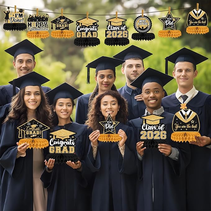 8 Pieces Class of 2025 Graduation Table Decorations - 2025 Congrats Grad Honeycomb Centerpieces, Black and Gold Graduation Table Toppers Decor for 2025 Graduation Party Decorations Favor Supplies