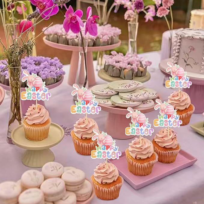 Ercadio 24Pcs Printed Happy Easter Cupcake Toppers Cute Easter Rabbit Eggs Cupcake Picks for Easter Baby Shower Kids Boys Girls Birthday Party Cupcake Decoration Supplies