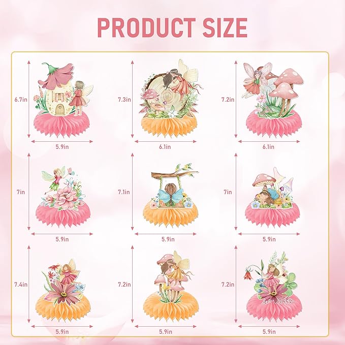 Fairy Honeycomb Centerpieces Birthday Decorations - 9PCS Fairy Party Centerpieces for Table, Butterfly Flower Fairies Theme Party Decorations, My Fairy First Birthday Baby Shower Supplies