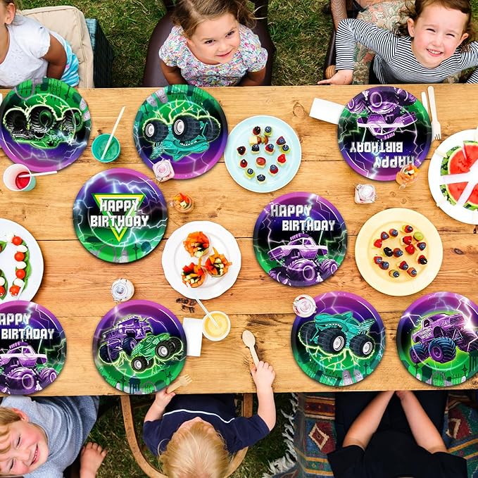 60Pcs Green Purple Monster Truck Party Paper Plates for Monster Truck Birthday Party 9in Racing Car Theme Disposable Tableware Dinnerware Set for Kids Boys Monster Truck Birthday Party Supplies