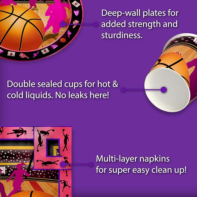 Pink Basketball Girl Birthday Party Supplies Set Plates Napkins Cups Tableware Kit for 16