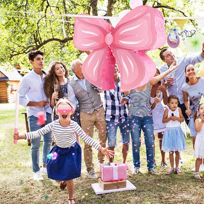 Hooqict Pink Bow Pinata with Blindfold and Bat Stick Pink Girls Pinata for Birthday Party Girls Kids Bow Birthday Party Supplies Decorations (Small Size 16"x13"x3")