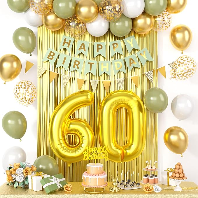 60th Birthday Decorations for Men Women, sage green Happy Birthday Party Decorations With Gold Number 60 Balloons Gold Confetti Latex balloons Fringe Curtain Cake Topper For 60th Party Supplies