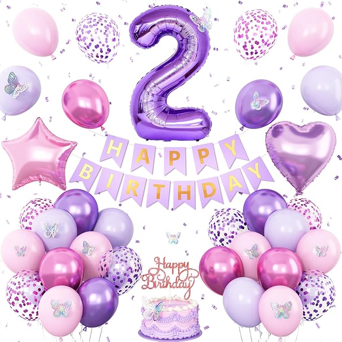 2nd Birthday Decoration for Girls,Pink Purple 2nd Balloon Number 2 Balloon with Butterfly Stickers Star Heart Foil Balloons Happy Birthday Banner for Baby 2 Year Old Party Decor