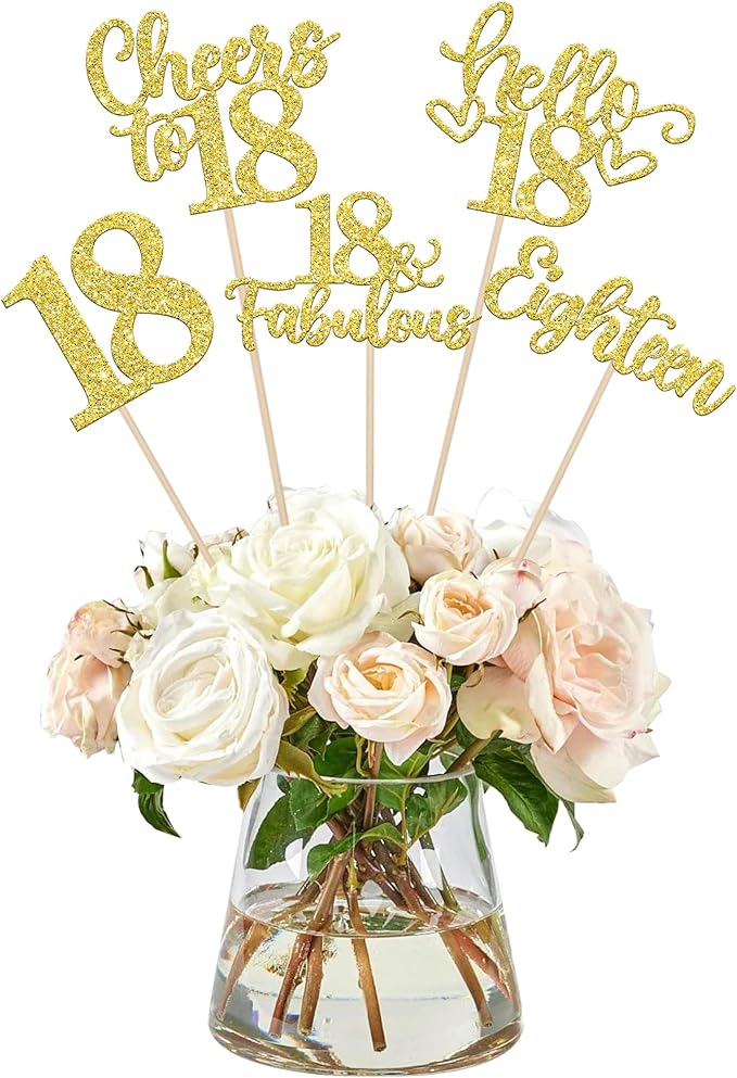 15PCS Happy 18th Birthday Centerpiece Sticks Hello 18 Fabulous Table Flower Centerpieces Sticks Eighteen Cheers to 18 Years Floral Decoration for Happy 18th Birthday Party Centerpieces Sticks Gold