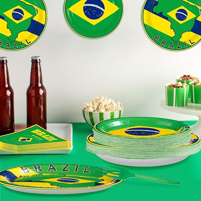 96 Pcs Brazil Flag Birthday Party Supplies Brazil Flag Party Plates and Napkins Disposable Brazilian Flag Tableware Set for Brazil Party Decorations Patriotic Event Birthday Family Gathering Serves 24